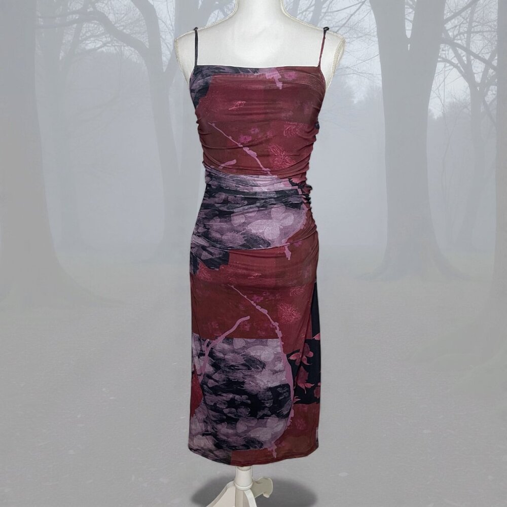 Cider Womens XXS Wine Ruched Bodycon Midi Dress Floral Whimsygoth Butterfly Y2K